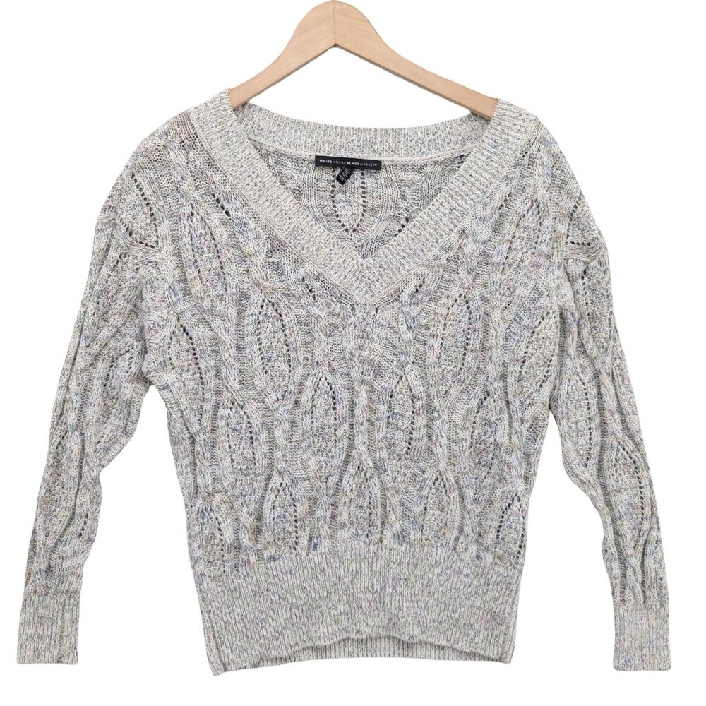 WHBM Cable Knit V-Neck Sweater - Cream Heather